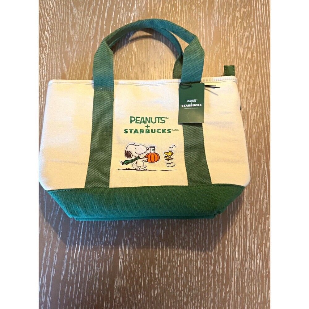 Starbucks x Peanuts Snoopy Canvas Tote Bag Zip Top Beige/Green